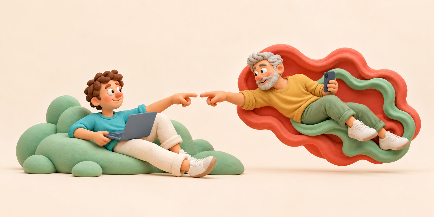 Two clay figures reach out until their fingertips almost touch, one holding a laptop, the other a phone.